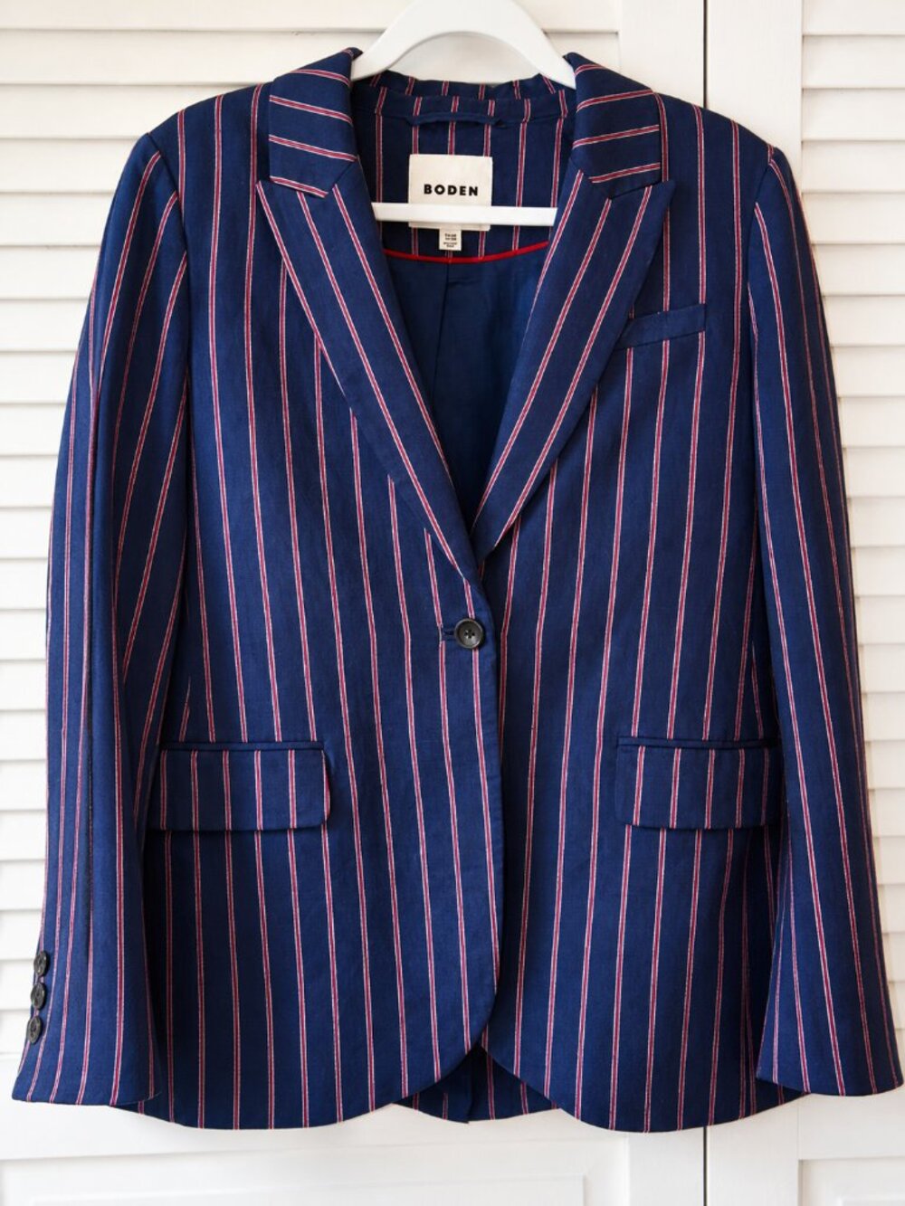 Boden Bloomsbury Blazer US 10 Blue Pink Pinstripe Cotton Linen Lined Jacket - Picture 3 of 6